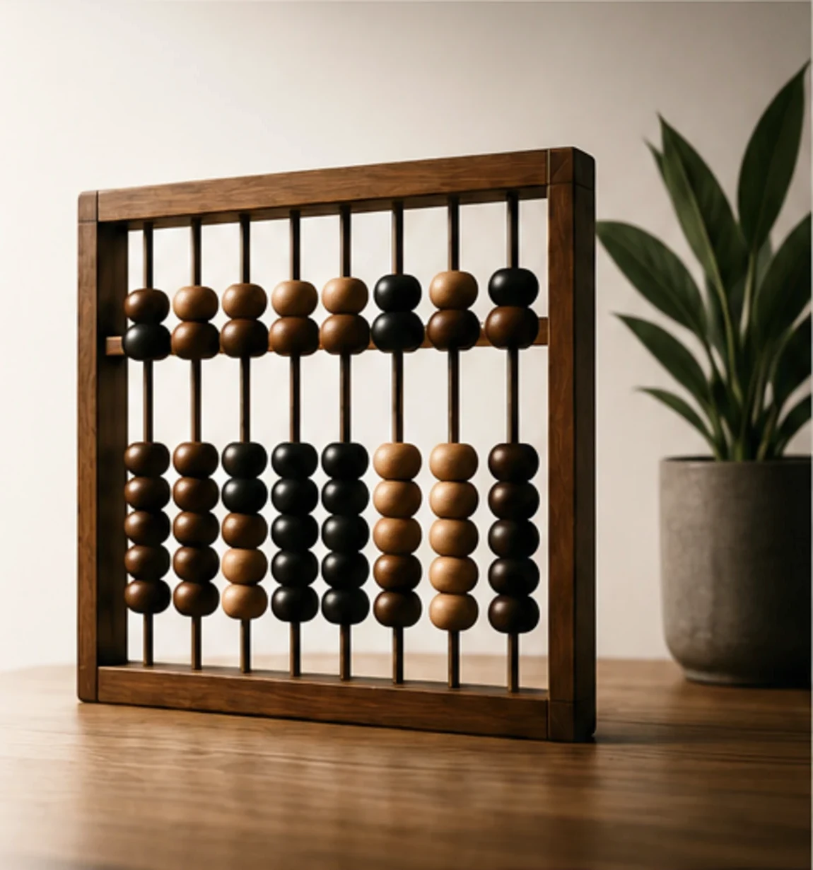 A wooden abacus on a table beside a plant