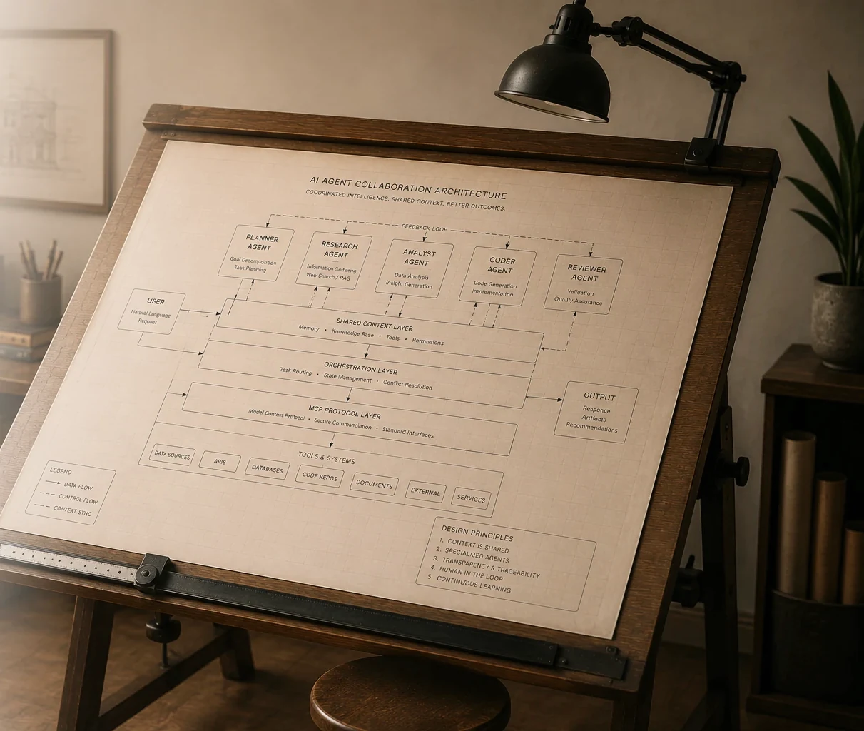 A freestanding wooden drafting table displaying an AI agent collaboration architecture diagram